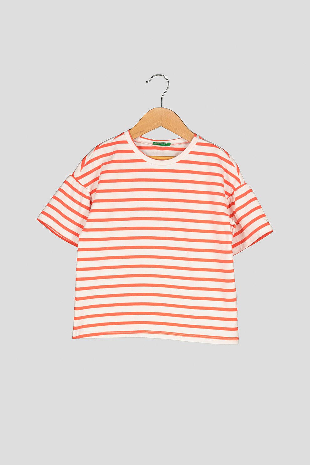 United Colors of Benetton, Tricou cu model in dungi si maneci evazate, Alb/Oranj mandarina