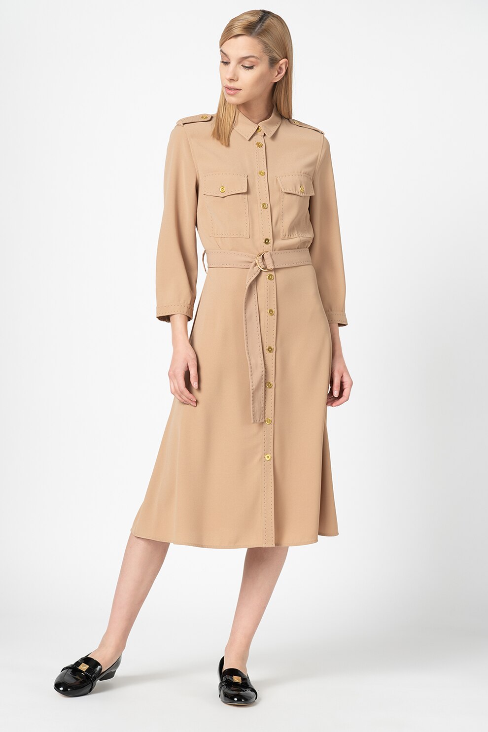 United Colors of Benetton, Rochie midi cu nasturi, Maro camel, XS