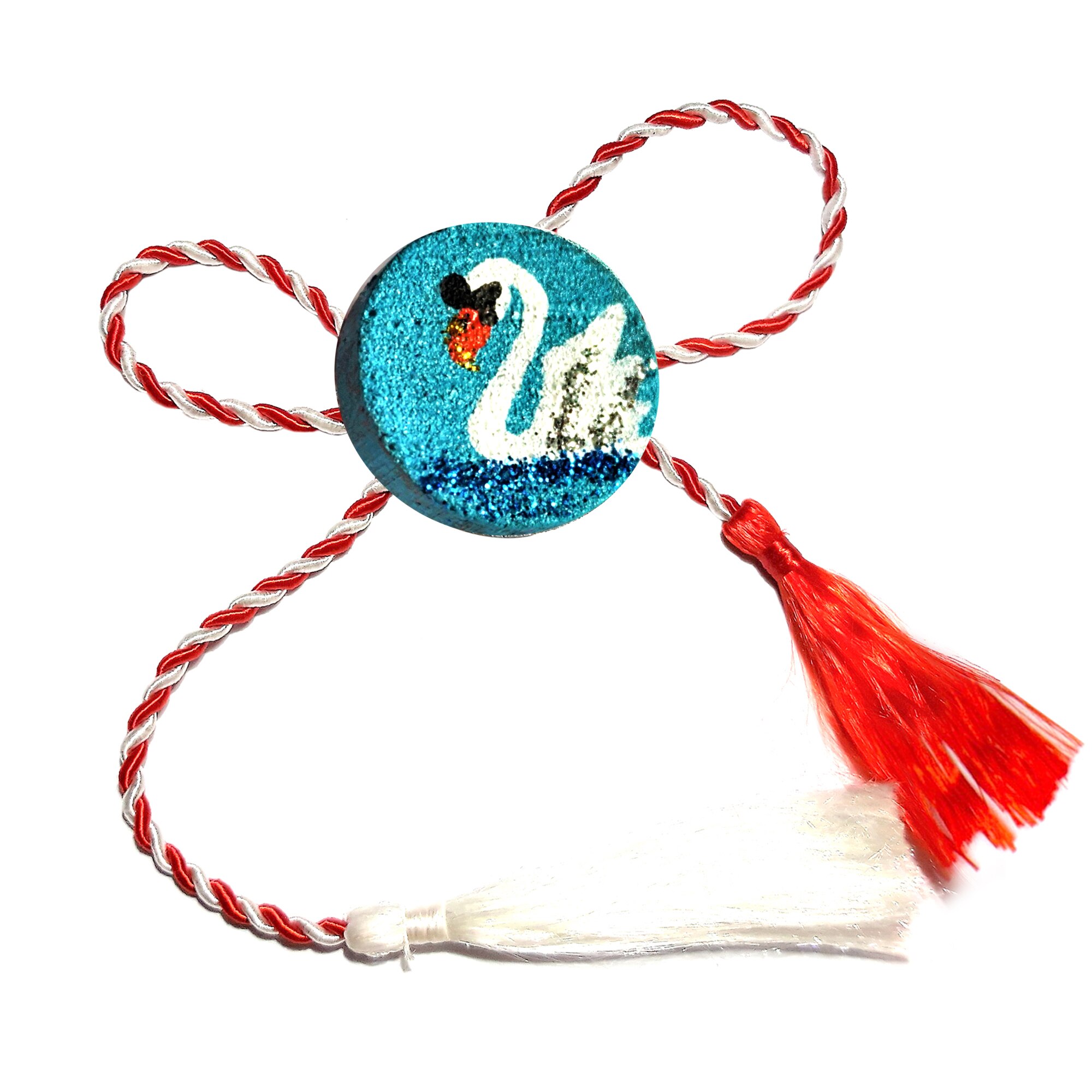 Martisor pictat pe lemn, Regalo - Lebada, snur gros, 2 cm, albastru