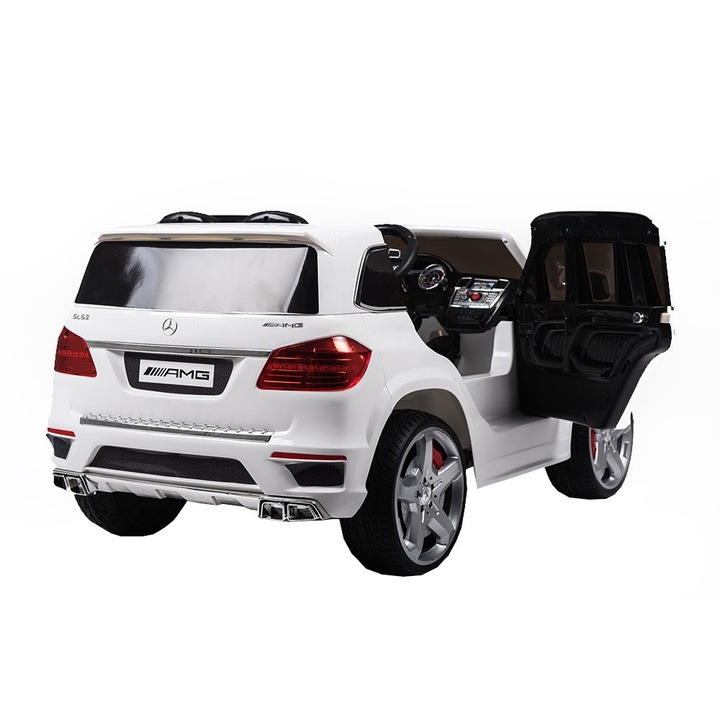 Masinuta Electrica XXL cu acumulator pentru copii NOVOKIDS™ Mercedes GL63 AMG, Roti din Cauciuc EVA, Melodii si USB, 3-8 ani, usi cu deschidere, Baterie12V, 2 Viteze, lungime 130 cm, 2 motoare, Alb