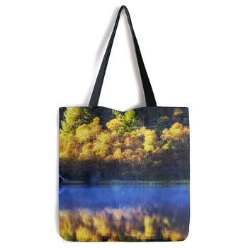 Geanta Tote Bag, Peisaj de Toamna cu Lacul albastru, Model Multicolor, Genti Heartwork, 40 x 50 cm Geanta Tote Bag, Peisaj de Toamna cu Lacul albastru, Model Multicolor, Genti Heartwork, 40 x 50 cm