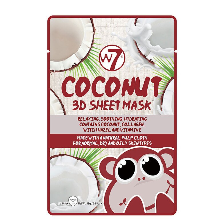 Masca cu Cocos, Colagen si Vitamina E, W7 Coconut 3D Sheet Mask, 18 g