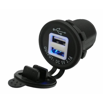 Priza cu 2 USB, 12/24V, rotunda, lumina albastra, 42558 CarCo Priza cu 2 USB, 12/24V, rotunda, lumina albastra, 42558 CarCo