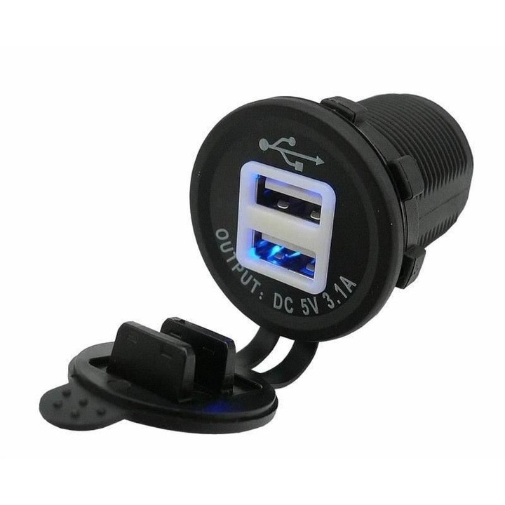 Priza cu 2 USB, 12/24V, rotunda, lumina albastra, 42558 CarCo