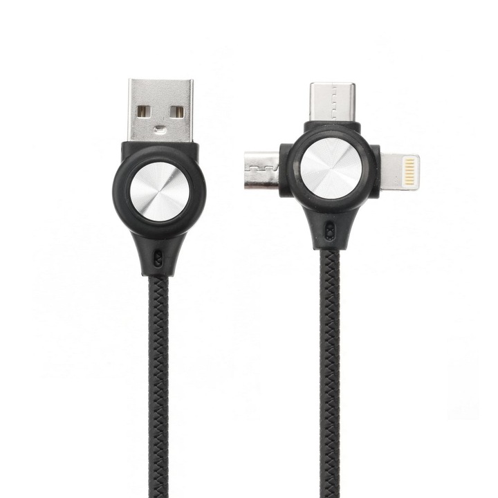 Кабел 3 in 1, Flash Charging, MicroUSB, USB Type C, Черен