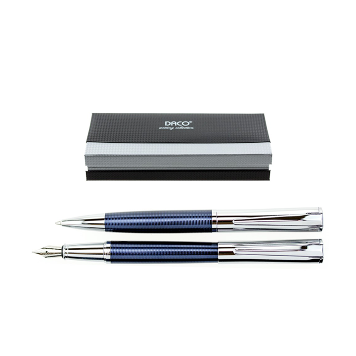 Set de Pix si Stilou DACO cu Penita Iridium Tip F, Pix cu Mina Tip Parker 1 mm, Culoare Corp Albastru cu Argintiu