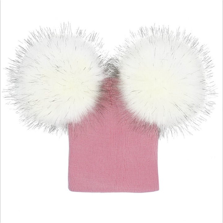 Caciulita cu pampoane, drool, roz cu alb, de la 6 luni la 3 ani