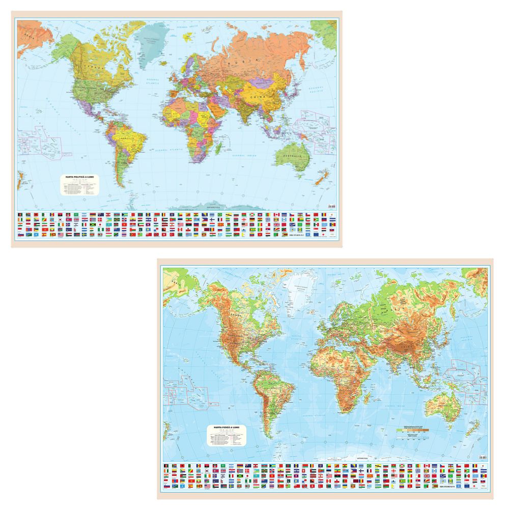 harta fizica si politica a lumii Harta perete cu 2 fete, a lumii, fizica si politica, plastifiata 