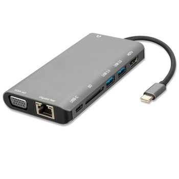 Hub 4smarts 8in1, cu Ethernet, HDMI, VGA, USB-C, USB 3.0, pentru MacBook, gri inchis Hub 4smarts 8in1, cu Ethernet, HDMI, VGA, USB-C, USB 3.0, pentru MacBook, gri inchis