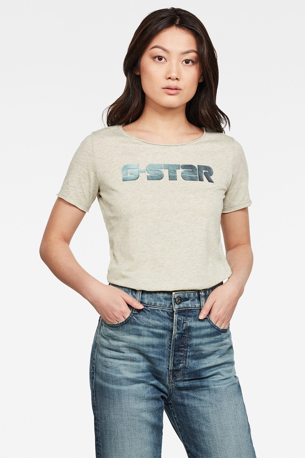G-Star RAW, Tricou cu decolteu la baza gatului, cu imprimeu logo, Maro nisip/albastru, XL