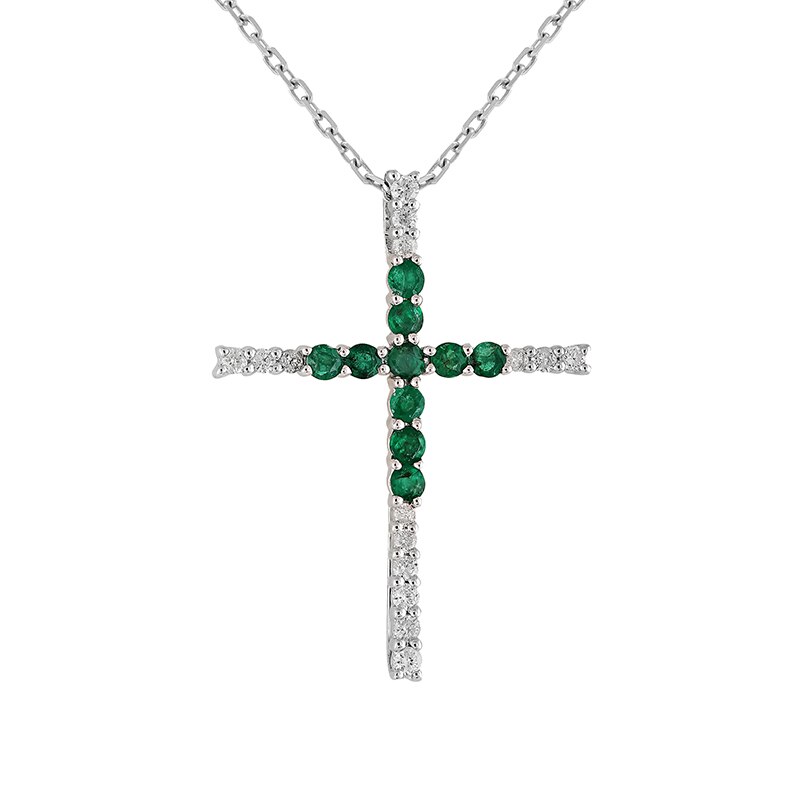 Pandantiv Cruce cu Lant Deruvo Aur 18k Diamante, Smaralde, Ajustabil 40-45 P27670-W