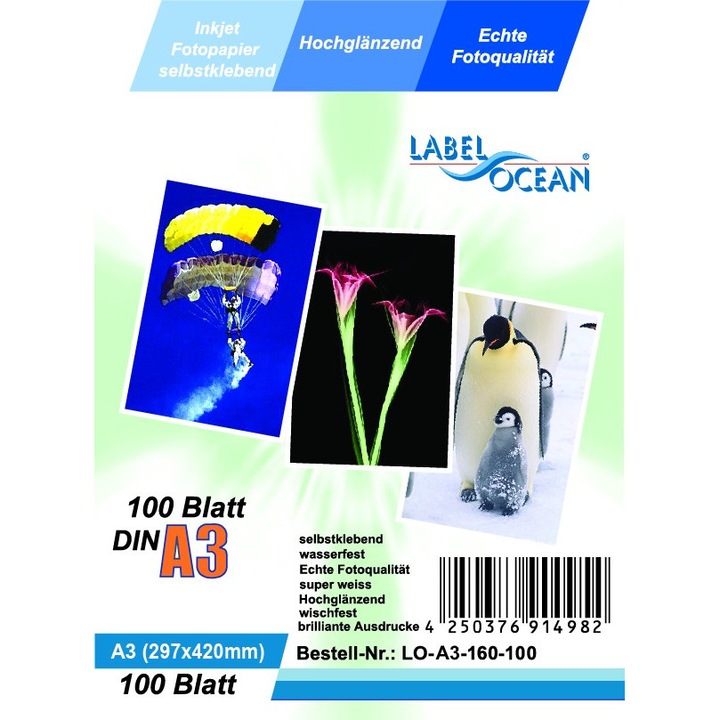 Set de 100 Coli Hartie Foto Autoadeziva A3 LabelOcean Premium High Glossy 125g