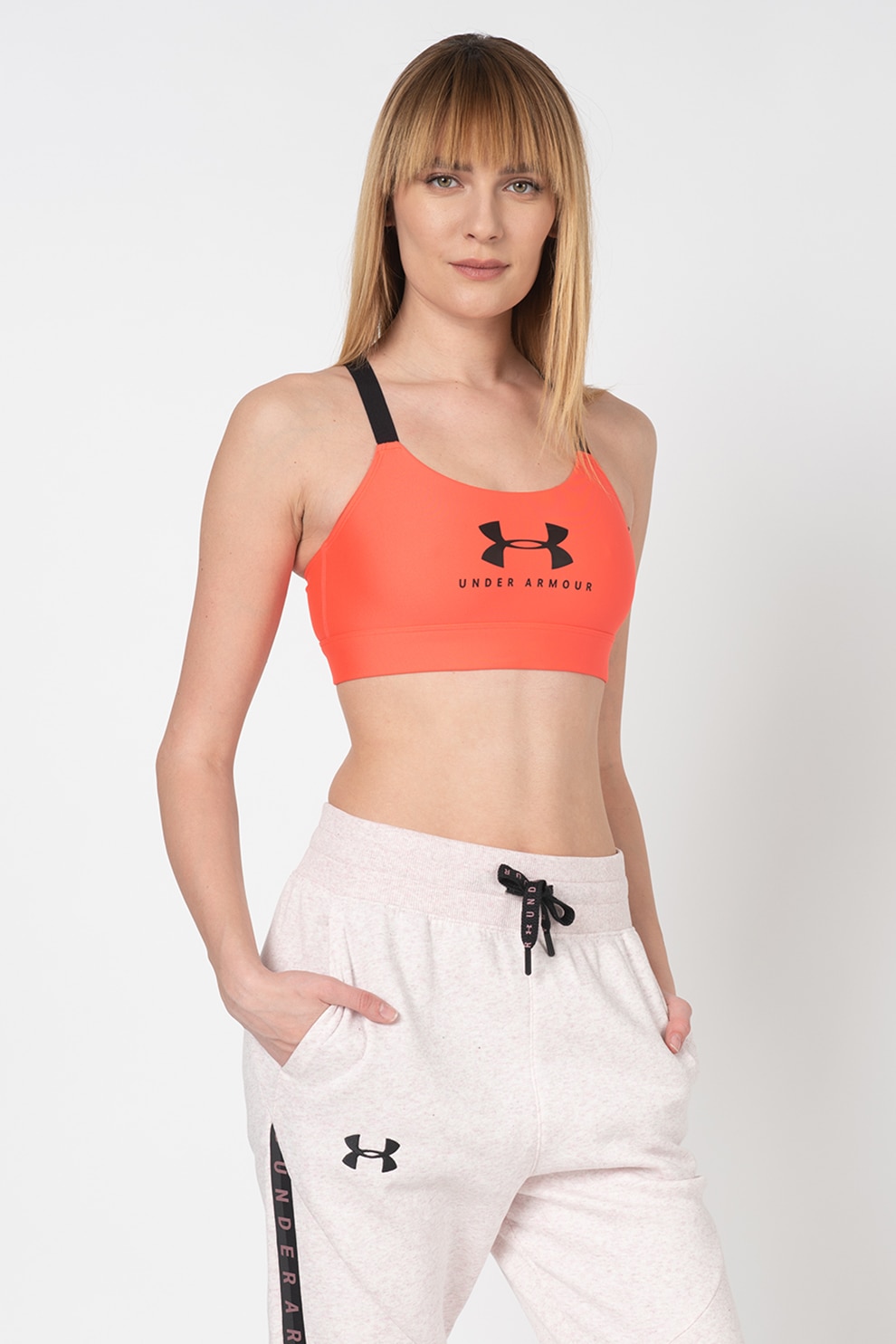 Under Armour, Bustiera cu sustinere medie, pentru fitness Sportstyle, Corai