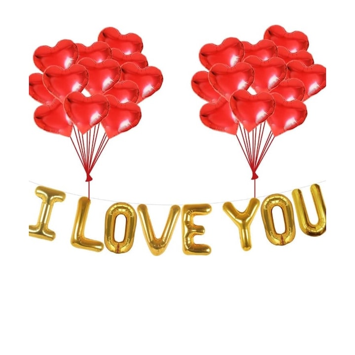 30 db-os lufi csokor Valentin-napra, piros/arany, I LOVE YOU szöveggel