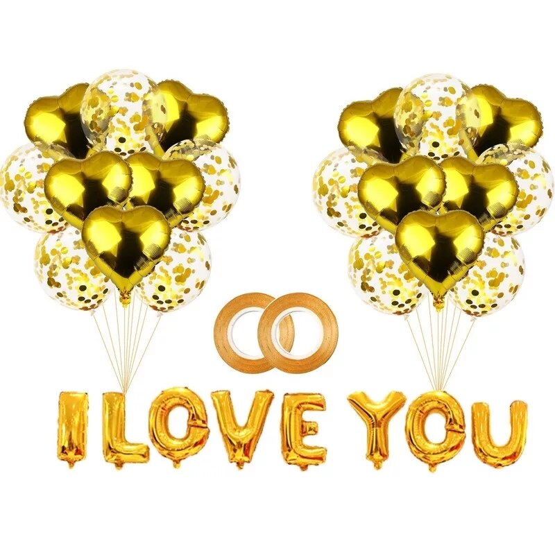 Buchet de 28 de baloane pentru Valentine's Day, Auriu, text I LOVE YOU