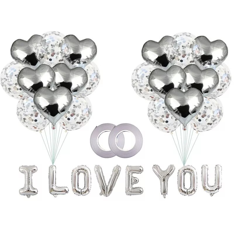 Buchet de 28 de baloane pentru Valentine's Day, Argintiu, text I LOVE YOU