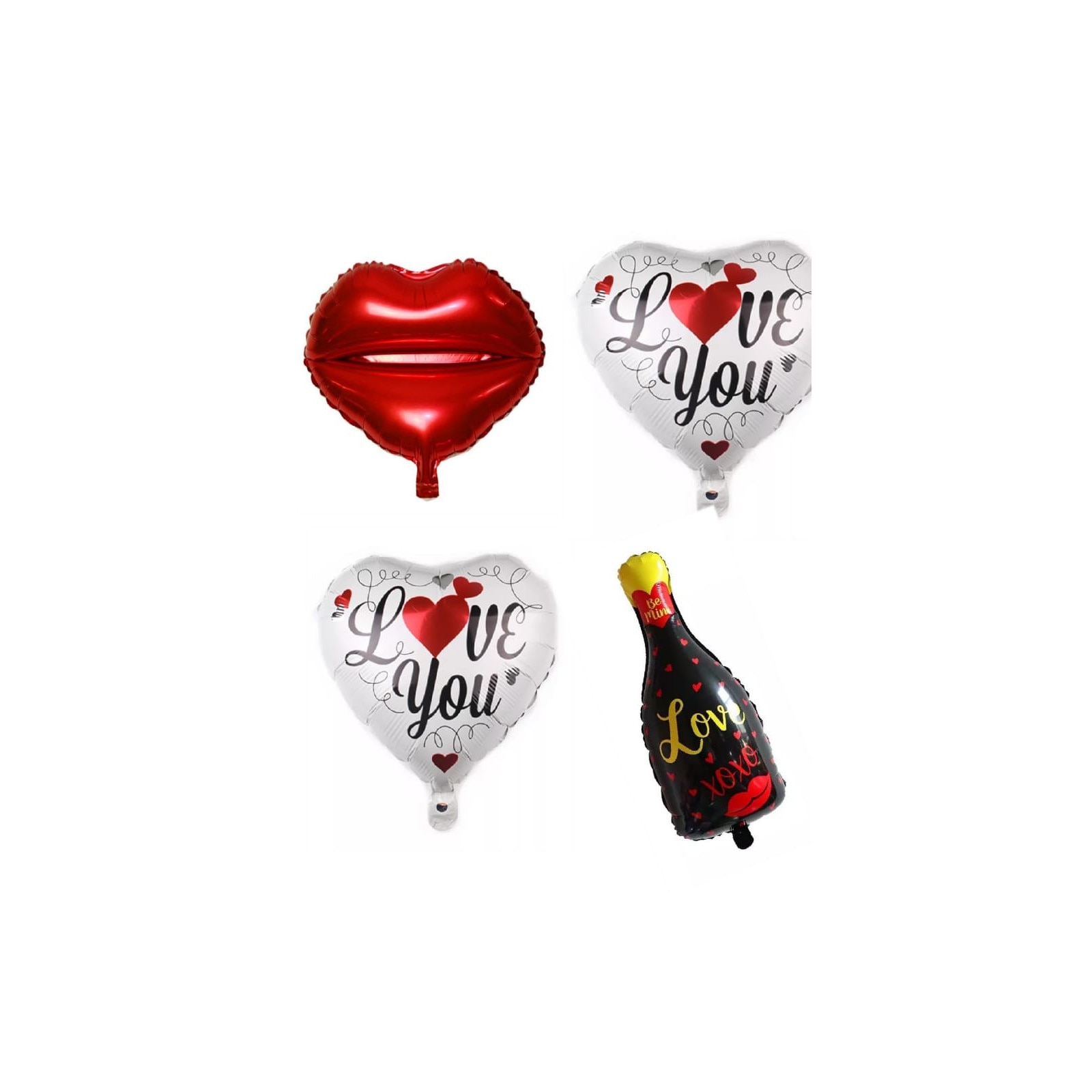 Set de 4 baloane, Sticla XOXOX, Buze si inima, Shop Carnaval