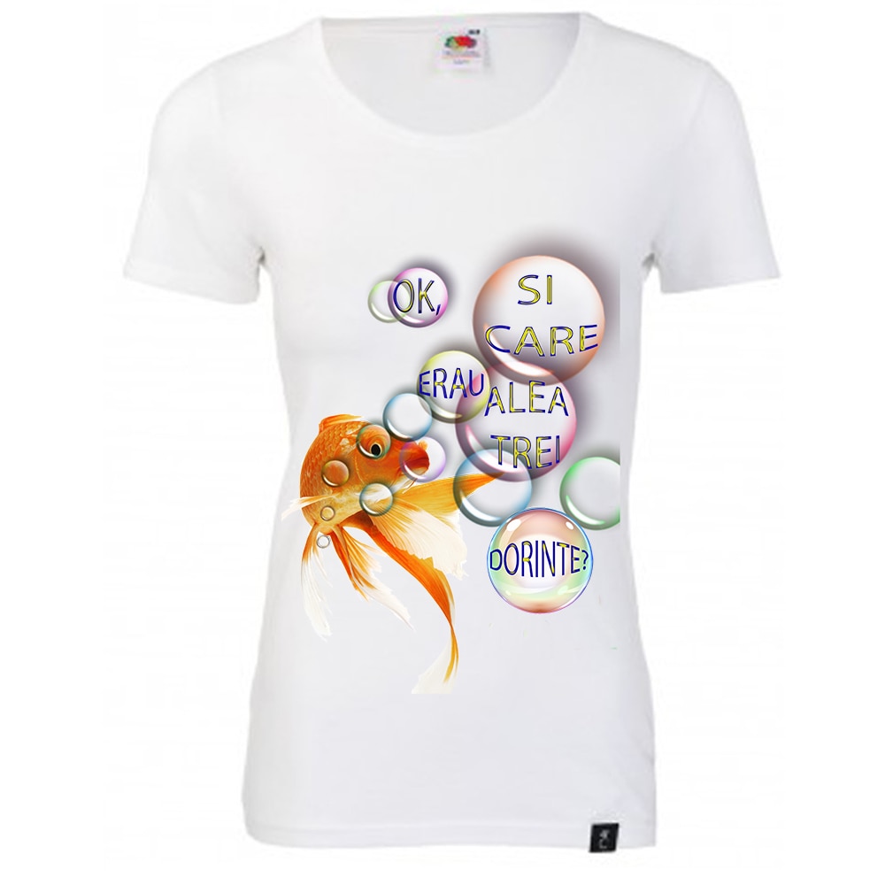 Tricou dama personalizat Fruit of the loom, alb, pestisorul de aur, M