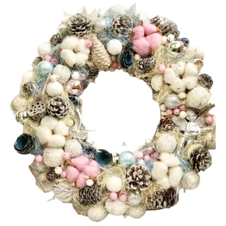 Coronita de Craciun, Sia flowers,cu elemente naturale si artificiale, multicolora,decorata, 34 cm