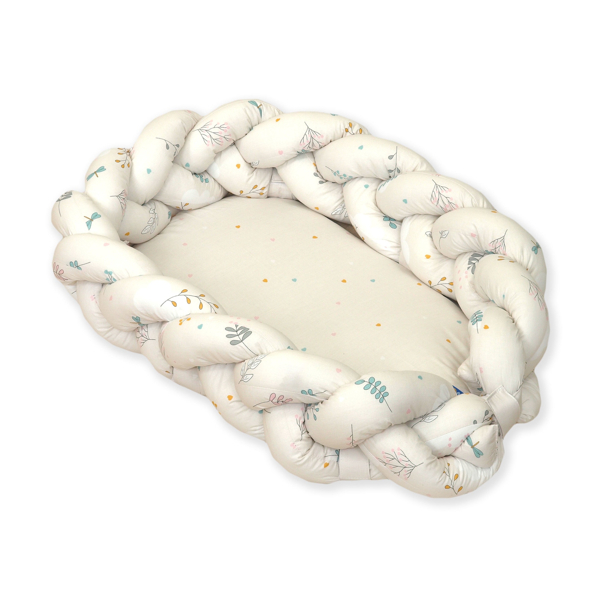Baby Nest 2 in 1 cu protectie impletita, detasabila, Bumbac Airy Twigs Beige, 80 X 50 cm