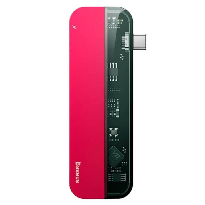 Baseus Transparent Series USB-C Hub CAHUB-TD09 - мултифункционален хъб за свързване на допълнителна периферия за устройства с USB-C (червен)