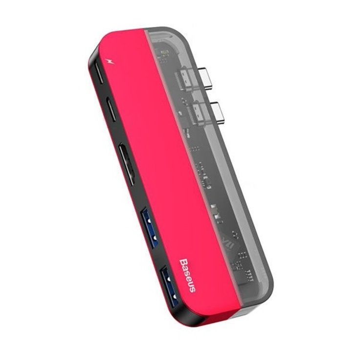 Baseus Transparent Series USB-C Hub CAHUB-TS09 - мултифункционален хъб за свързване на допълнителна периферия за устройства с USB-C (червен)