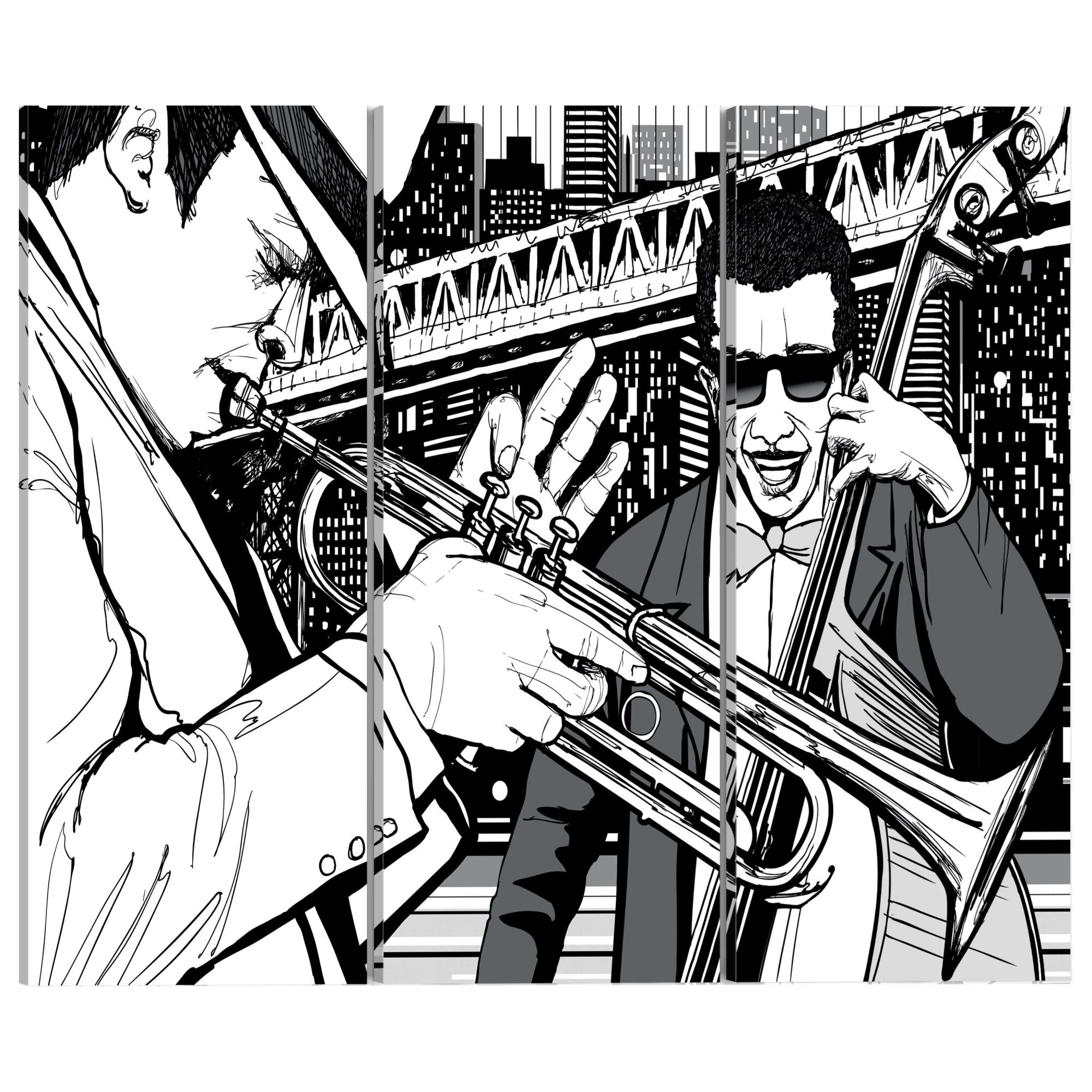 Tablou canvas 3 piese - Concert de jazz pe fundalul zgarie-norilor din New York - 120 x 80 cm