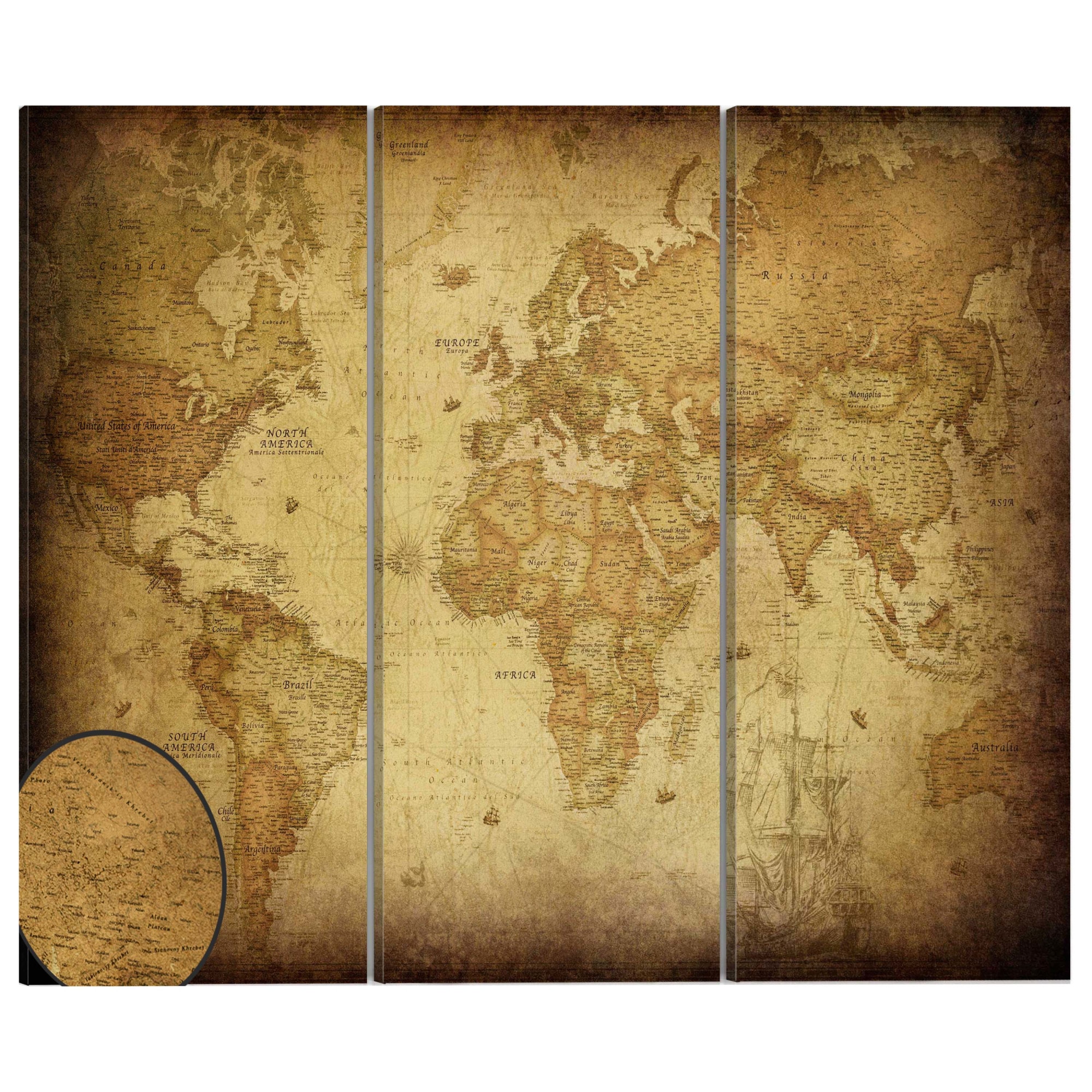 Tablou canvas 3 piese - Harta veche triptic - 60 x 40 cm