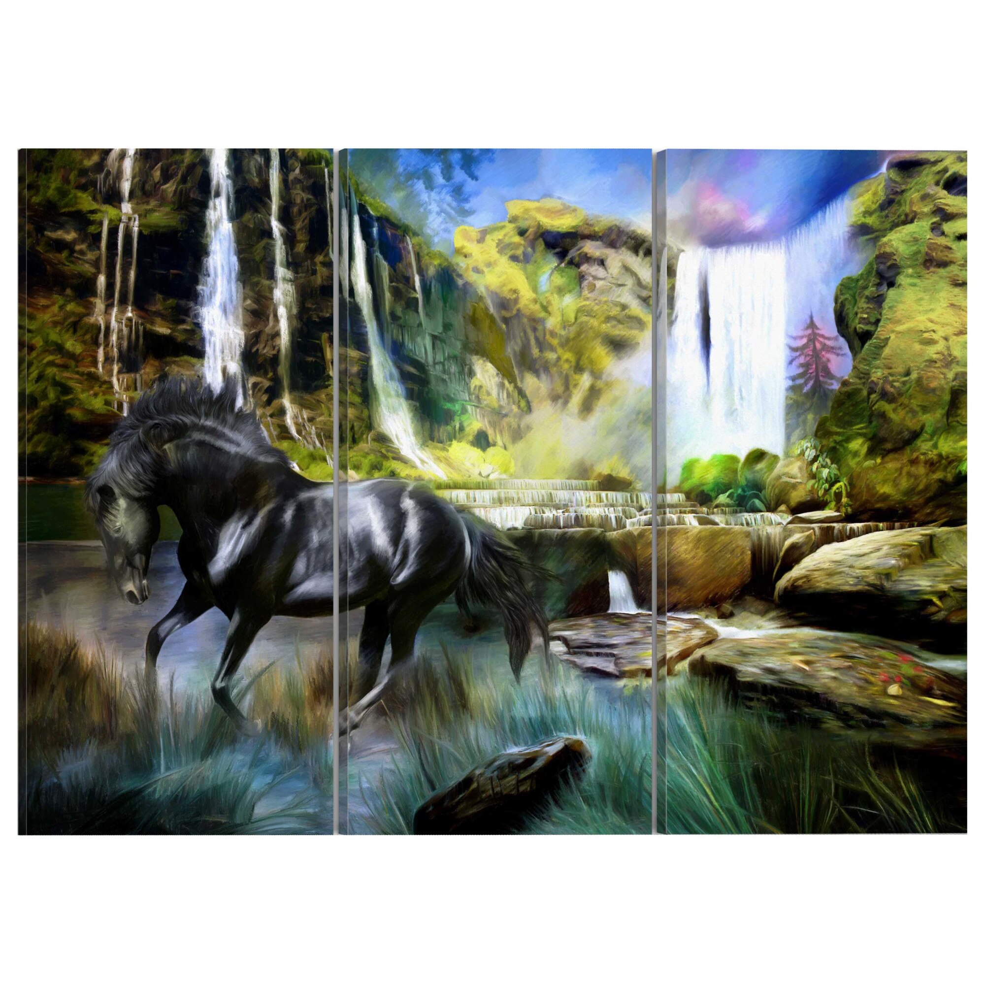 Tablou canvas 3 piese - Cal pe fundalul cascadei albastru-cer - 60 x 40 cm
