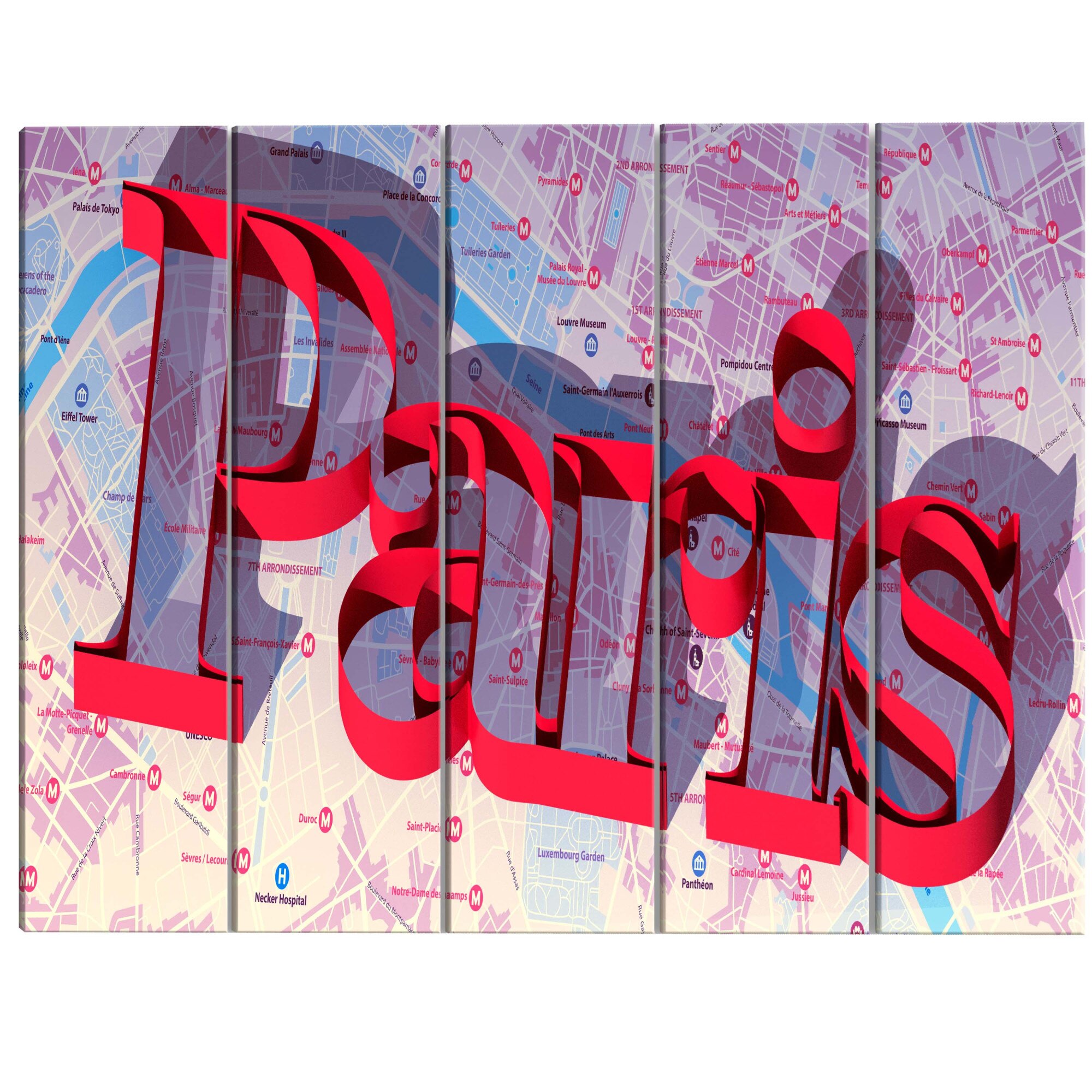 Tablou canvas 5 piese - Paris rosu - 200 x 80 cm