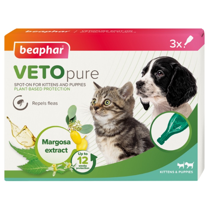 Репелентни капки за малки кученца и котки, Beaphar Veto Pure Bio Spot On, 3бр