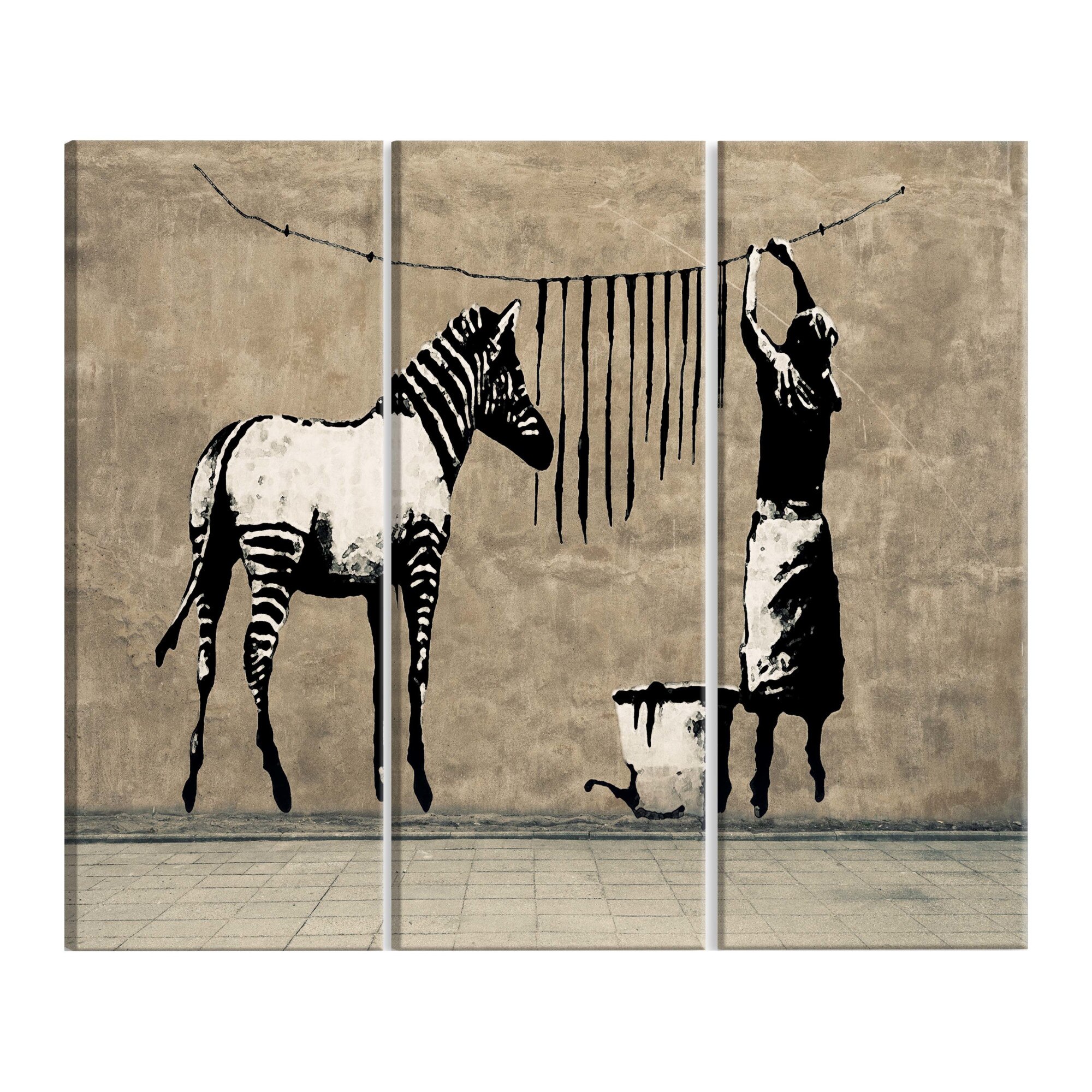 Tablou canvas 3 piese - Banksy Spalarea zebrei pe beton - 120 x 80 cm