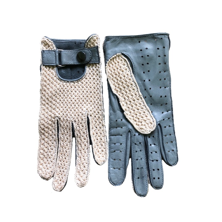 Manusi de condus pentru femei, din Piele de Ovina, Crosetat Bumbac, Hungant, Gri, Marimea 7.5