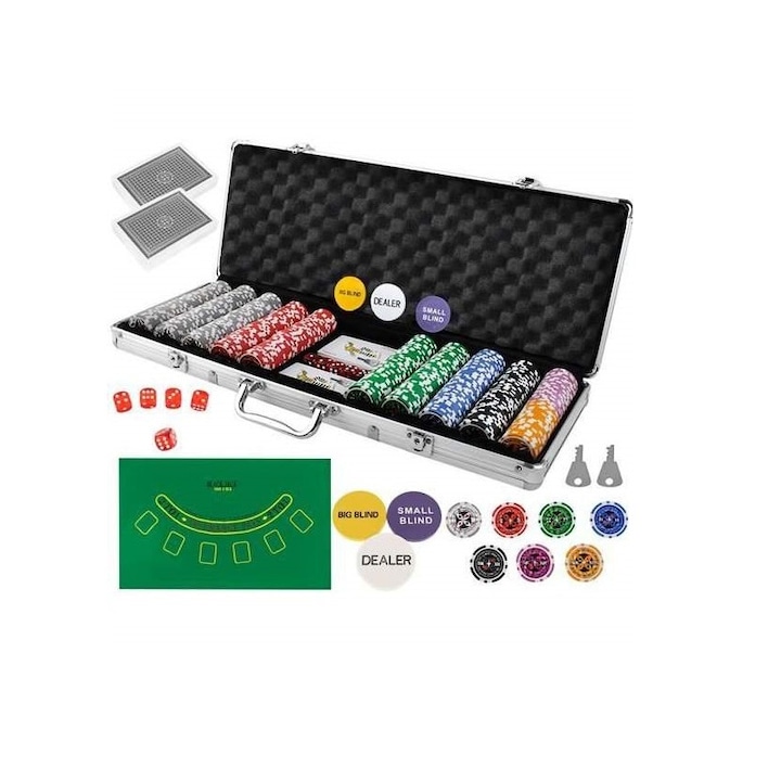 Сложен комплект за покер с 500 чипа idealSTORE, Texas Master Lux, Включва 2 комплекта карти, 5 зара, Снабден с алуминиево куфарче с размери 26,5 x 7 x 22 см