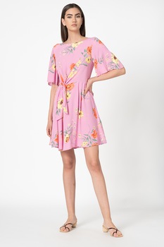 Tom Tailor, Rochie evazata cu model floral, Roz/Galben/Verde, L Tom Tailor, Rochie evazata cu model floral, Roz/Galben/Verde, L