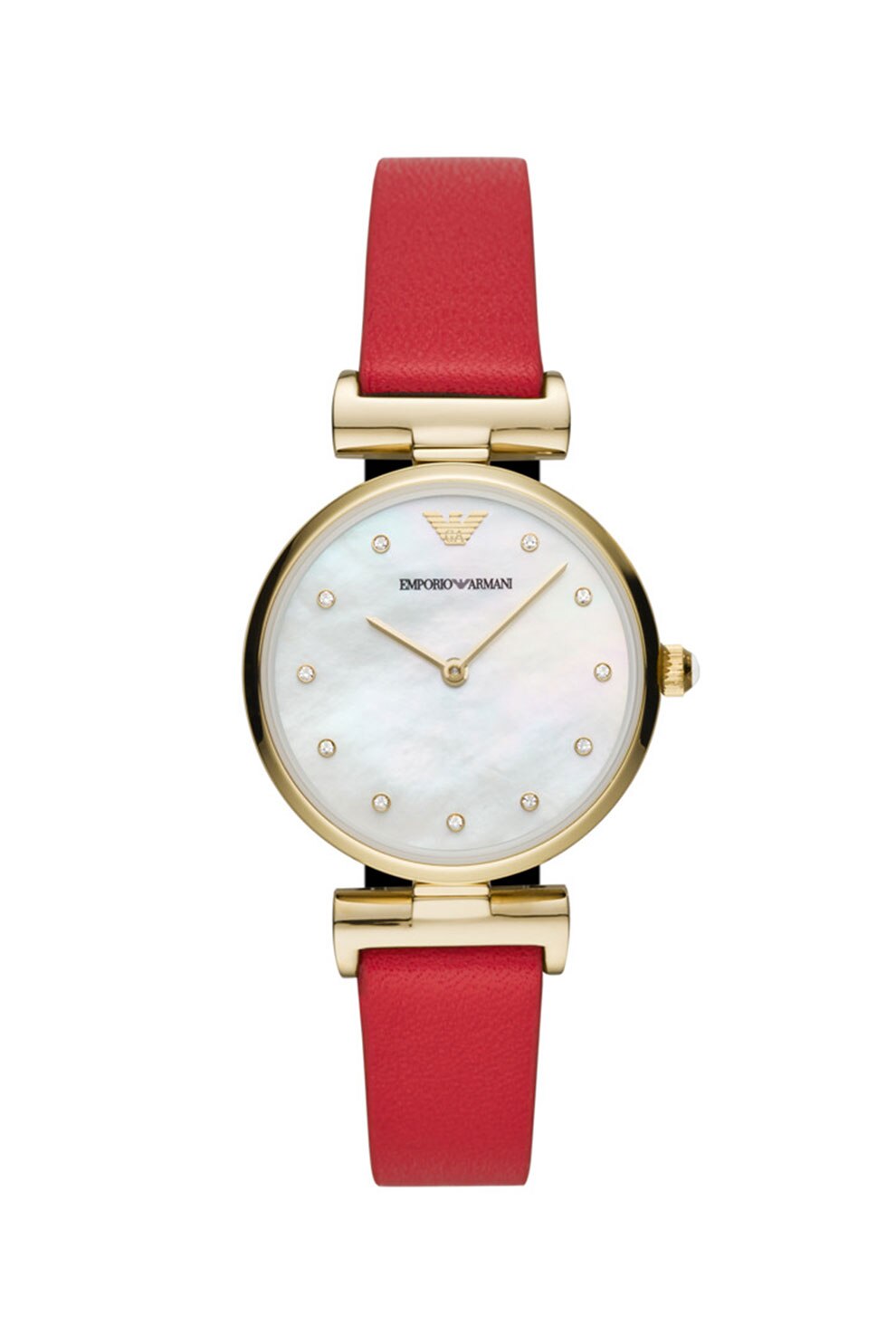 Emporio Armani, Ceas cu cristale si cadran Mother of Pearl, Maro inchis/Auriu/Rosu