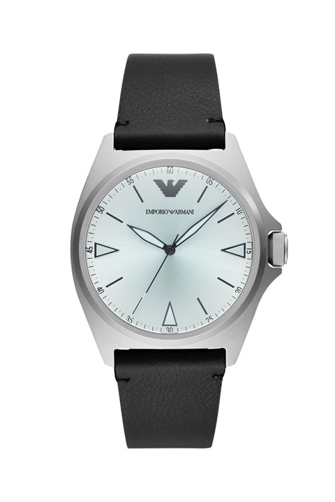 Emporio Armani, Аналогов часовник с кожена каишка, Черен / Сребрист / Бял