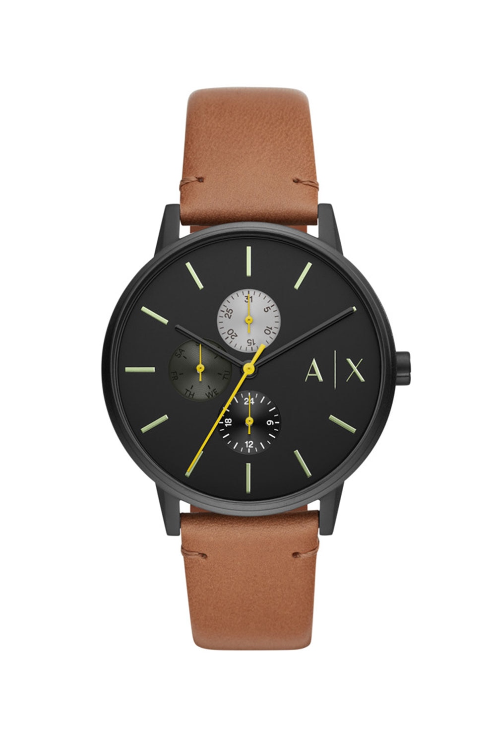 ARMANI EXCHANGE, Ceas cu functii multiple si curea de piele, Maro scortisoara/Negru/Galben