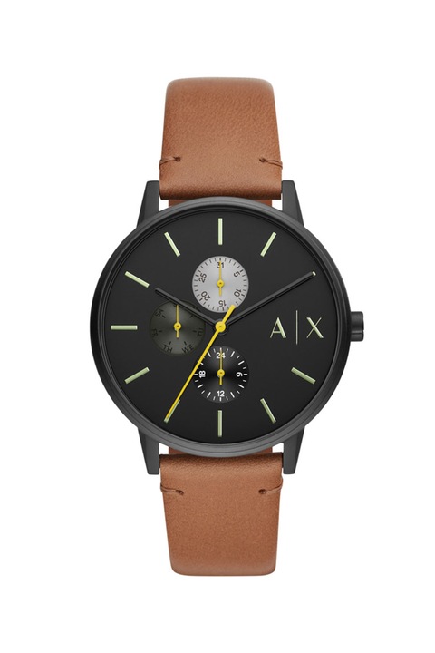 ARMANI EXCHANGE, Többfunkciós karóra bőrszíjjal, fahéjbarna/fekete/sárga
