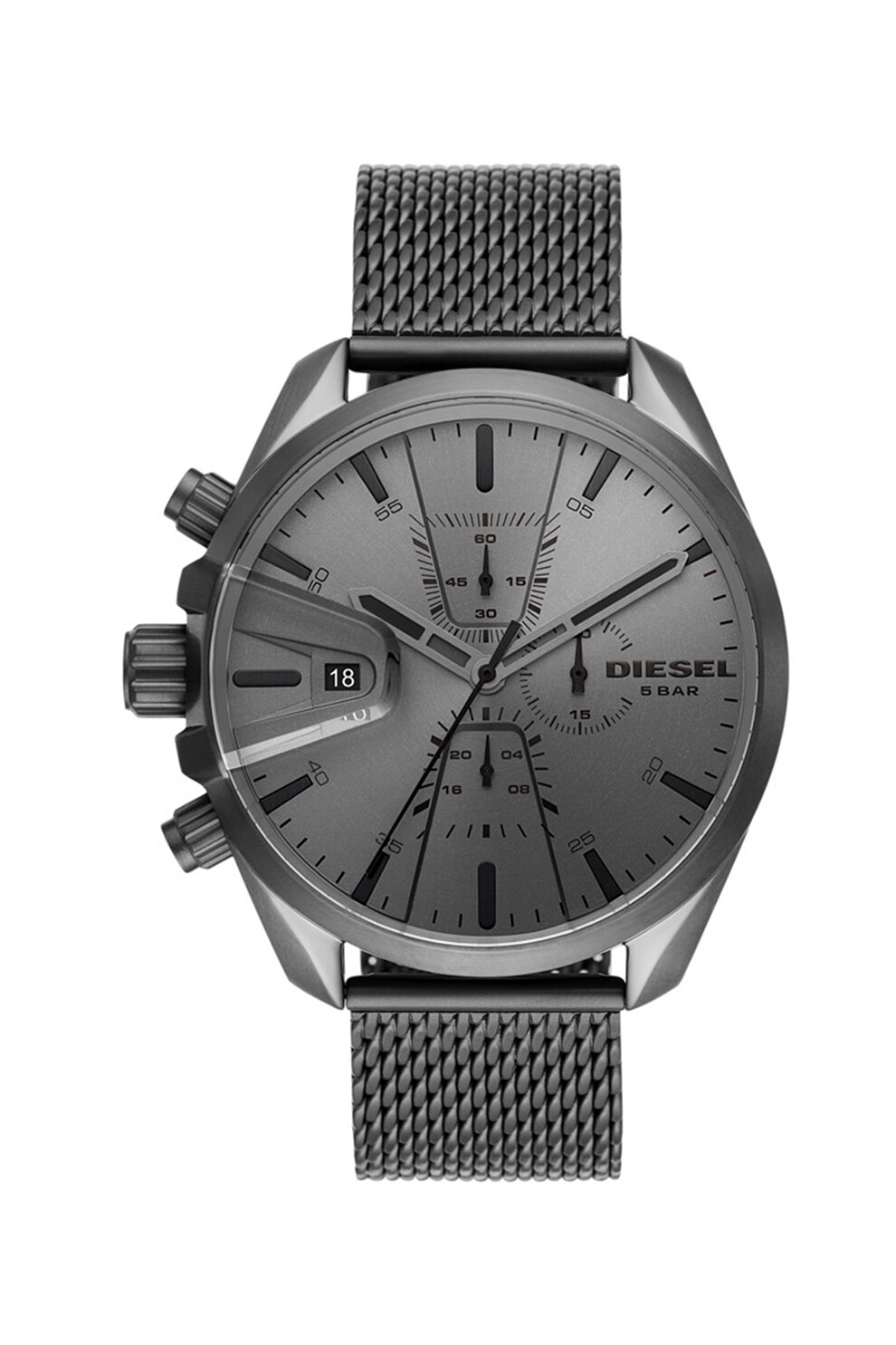 Diesel, Ceas cronograf cu bratara cu model plasa, Argintiu inchis/Negru