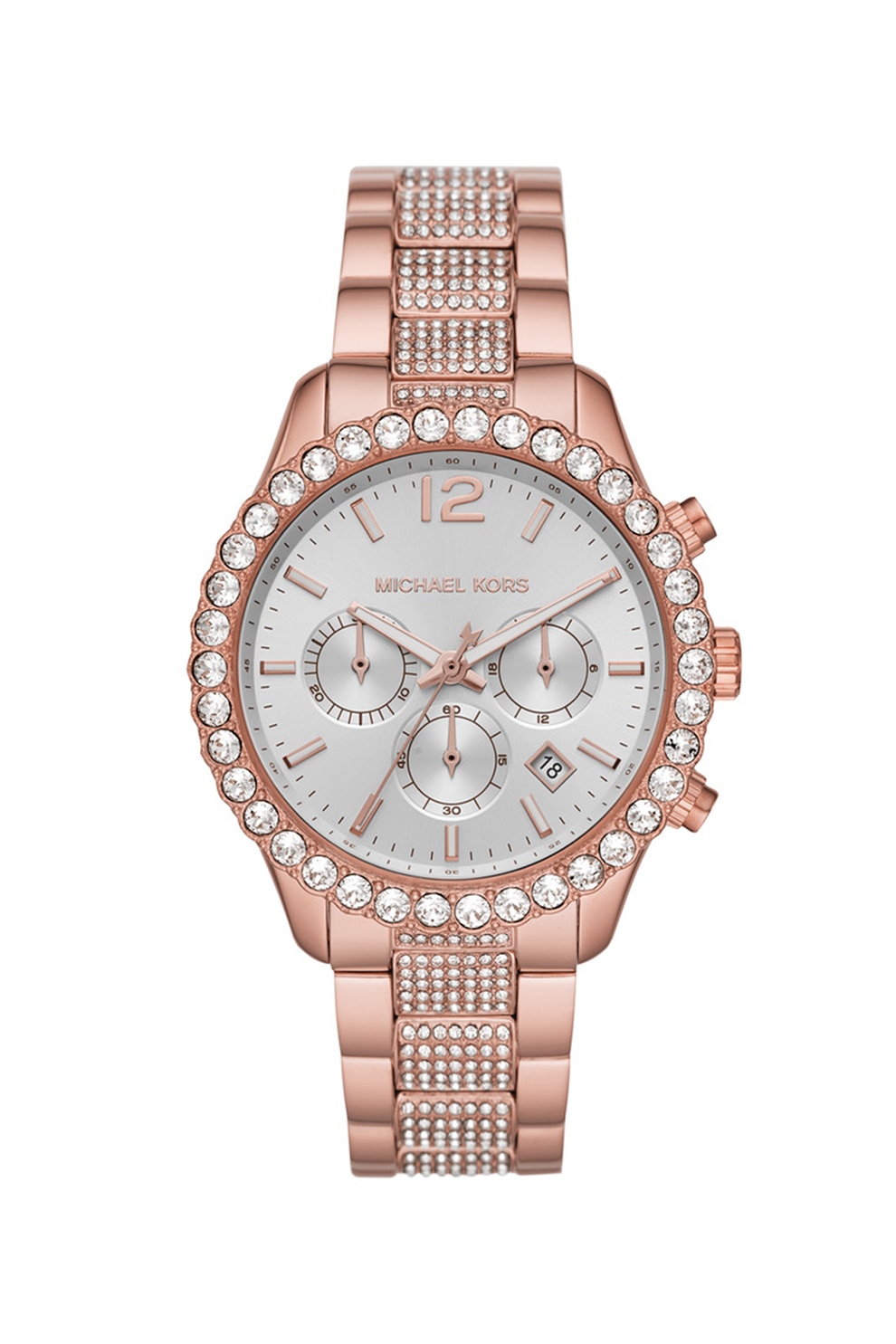 Michael Kors, Ceas cronograf decorat cu cristale, Auriu rose/Argintiu