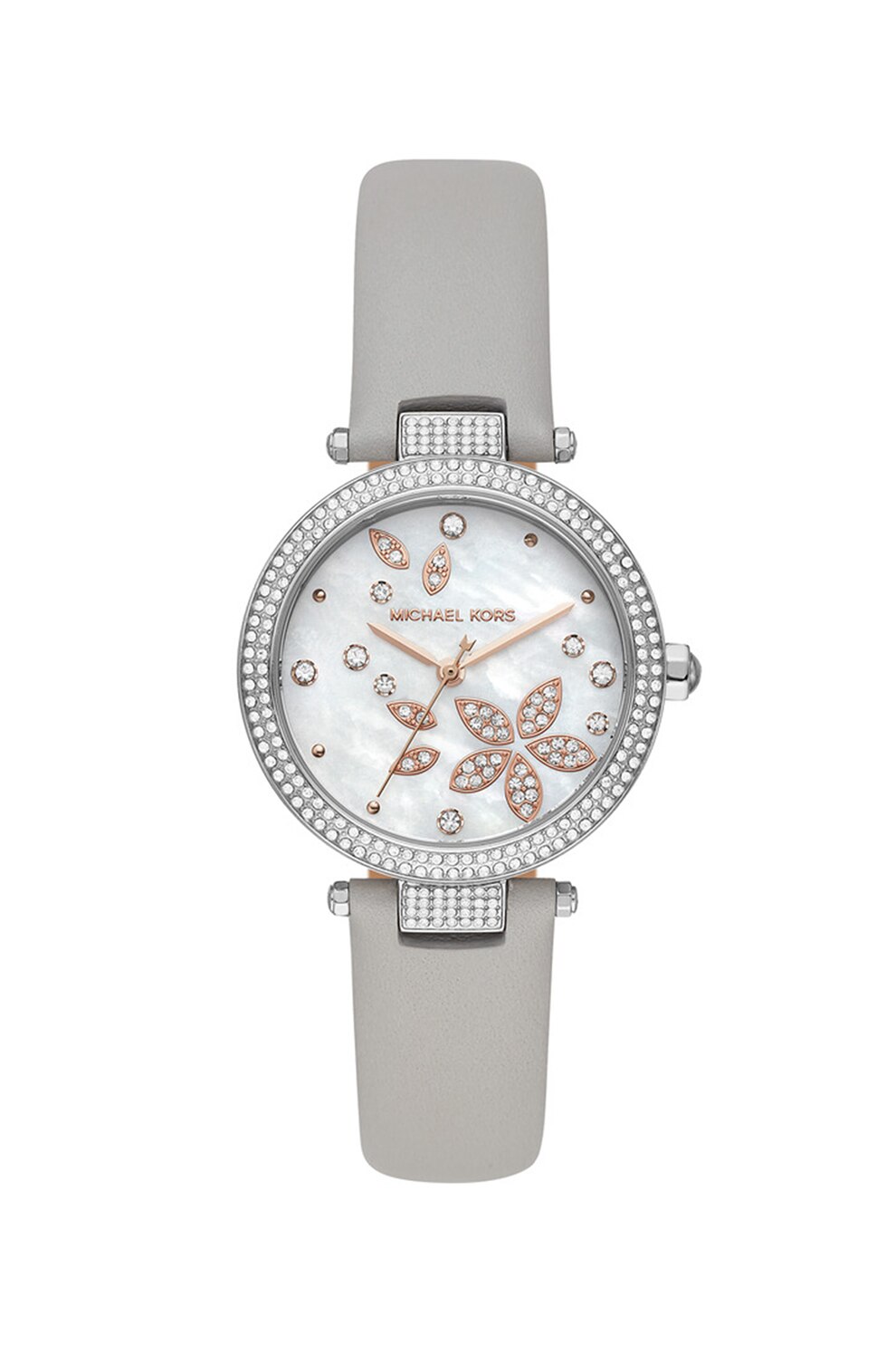 Michael Kors, Ceas cu o curea de piele, decorat cu cristale, Gri deschis/Argintiu/Auriu rose