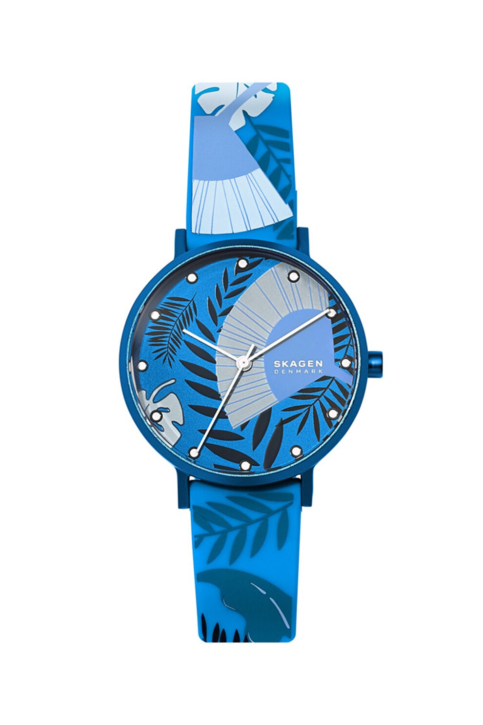 Skagen, Ceas cu imprimeu floral si curea din silicon, Albastru royal/Negru