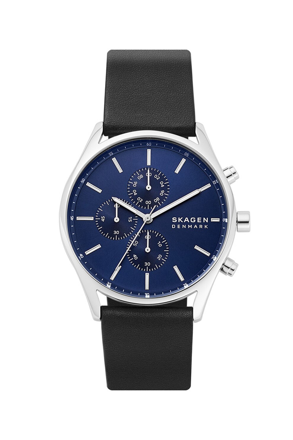 Skagen, Ceas cronograf cu o curea de piele, Negru/Argintiu/Bleumarin