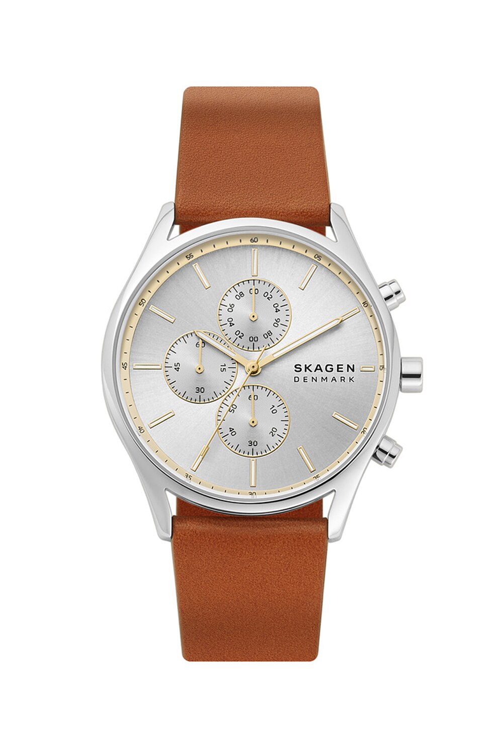 Skagen, Ceas cronograf cu o curea de piele, Maro scortisoara/Argintiu