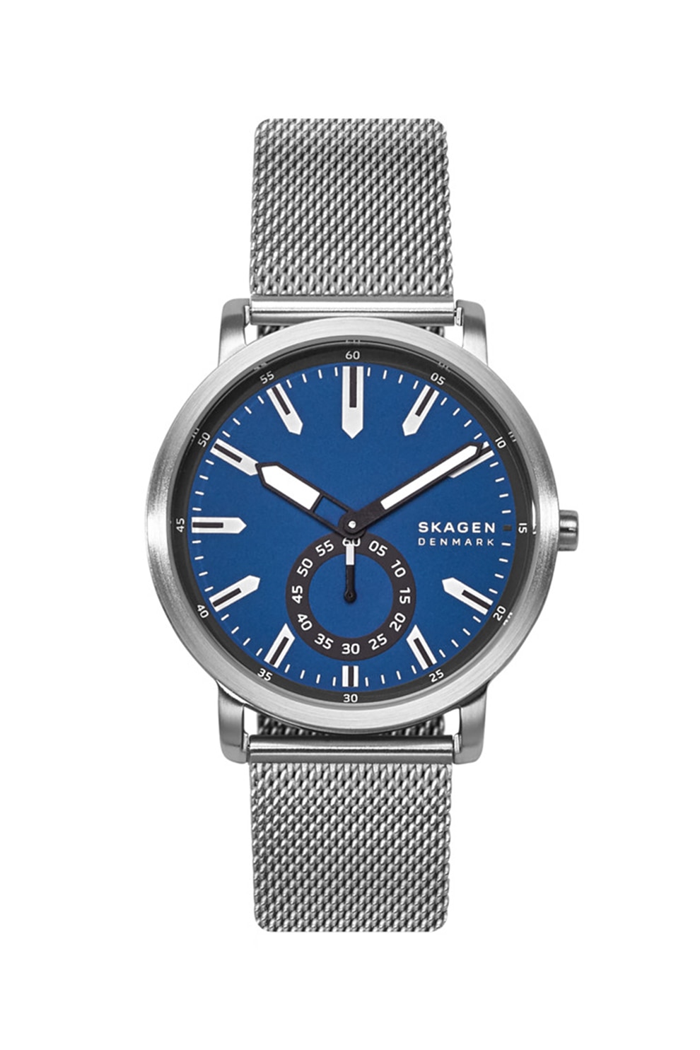 Skagen, Ceas analog cu bratara cu model plasa, Argintiu/Albastru royal/Negru