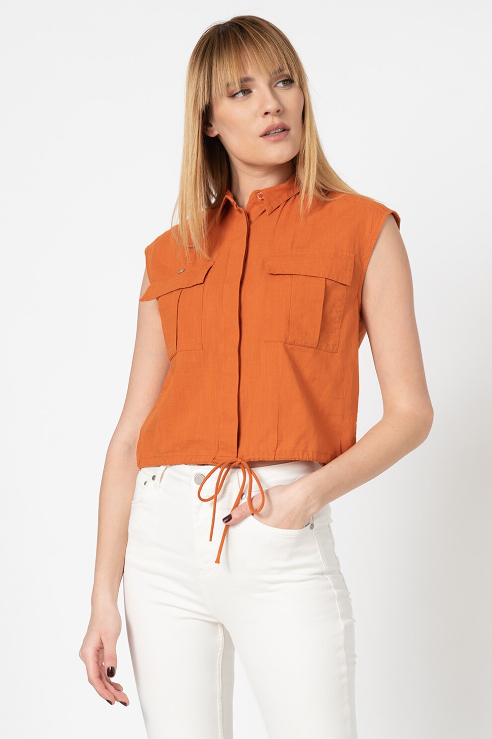 SUPERDRY, Camasa crop fara maneci, cu buzunare aplicate, Oranj stins
