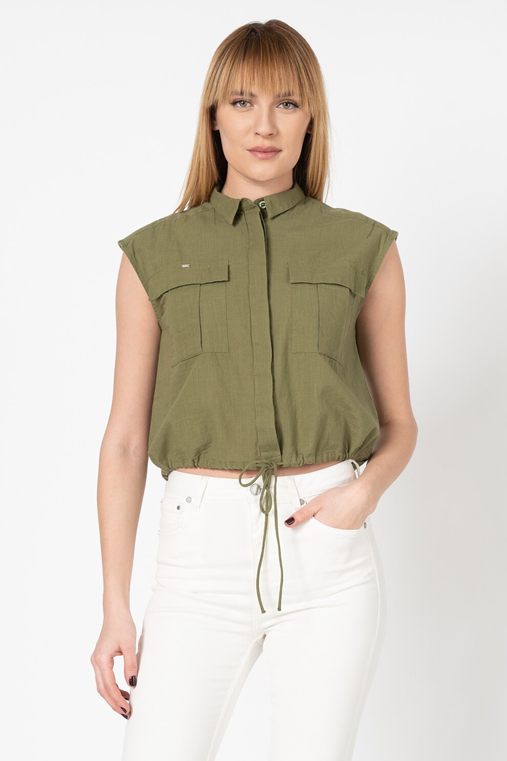 SUPERDRY, Camasa crop fara maneci, cu buzunare aplicate, Verde militar