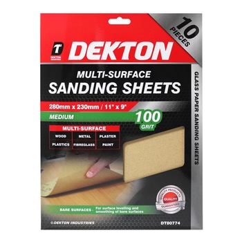 Set 10 foi abrazive pentru lemn/metal/plastic 280mm x 230mm Dekton, Granulatie 100, DT80774 Set 10 foi abrazive pentru lemn/metal/plastic 280mm x 230mm Dekton, Granulatie 100, DT80774