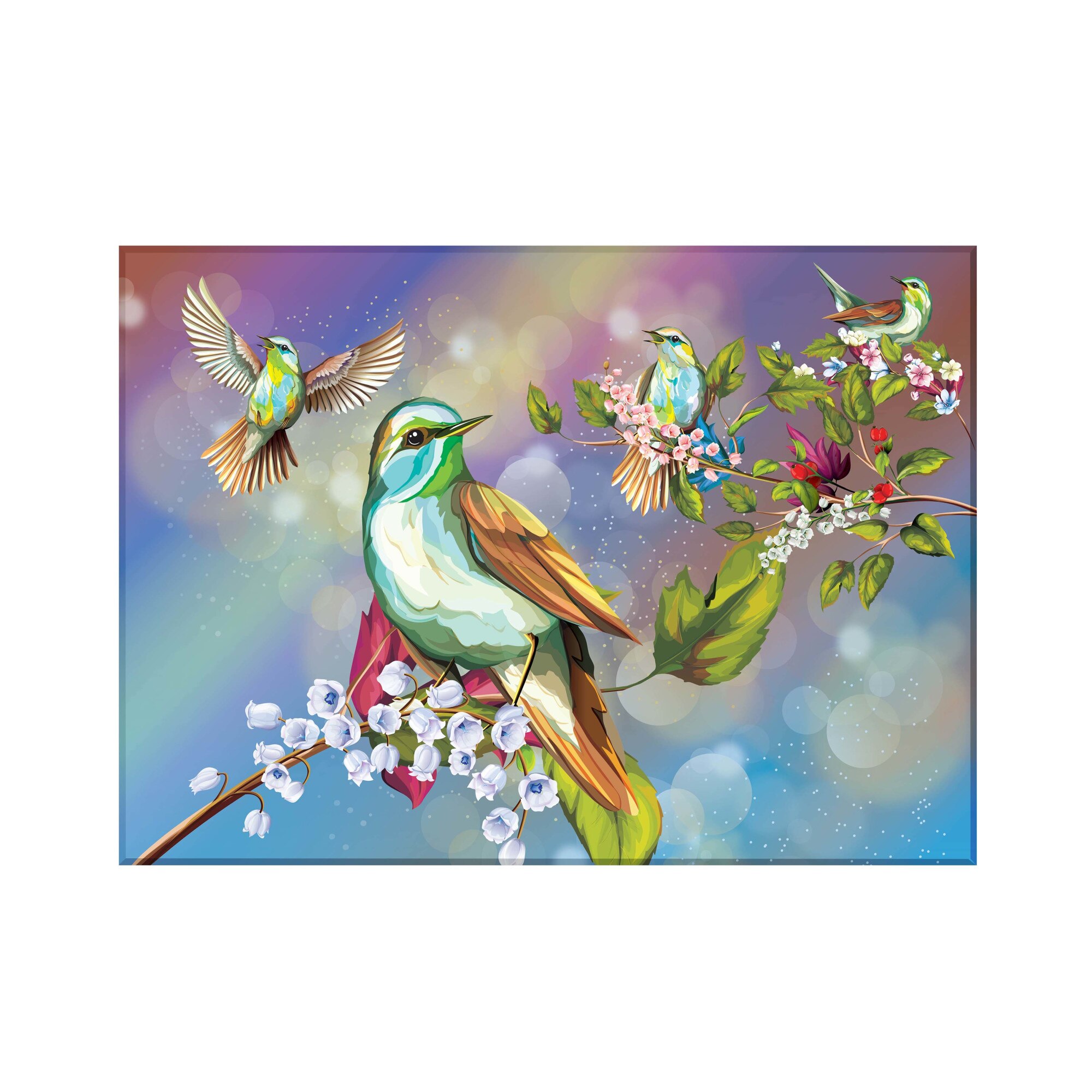 Sticla bucatarie securizata Saint Gobain Glass®, imprimata 90x65cm, protectie antistropire pentru aragaz, Ambra Deco, Pasari Pictate